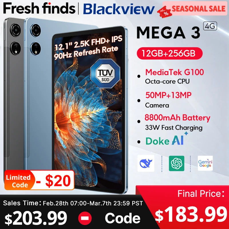 【World premiere】Blackview MEGA 3 Tablet 12.1" 2.5K 90Hz Display 12GB 256GB 8800mAh 50MP Camera 33W Fast Charging Android 15 Pa