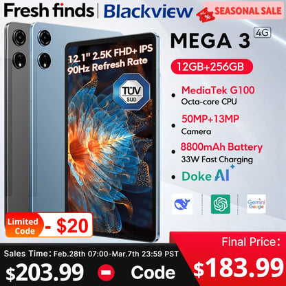 【World premiere】Blackview MEGA 3 Tablet 12.1" 2.5K 90Hz Display 12GB 256GB 8800mAh 50MP Camera 33W Fast Charging Android 15 Pa