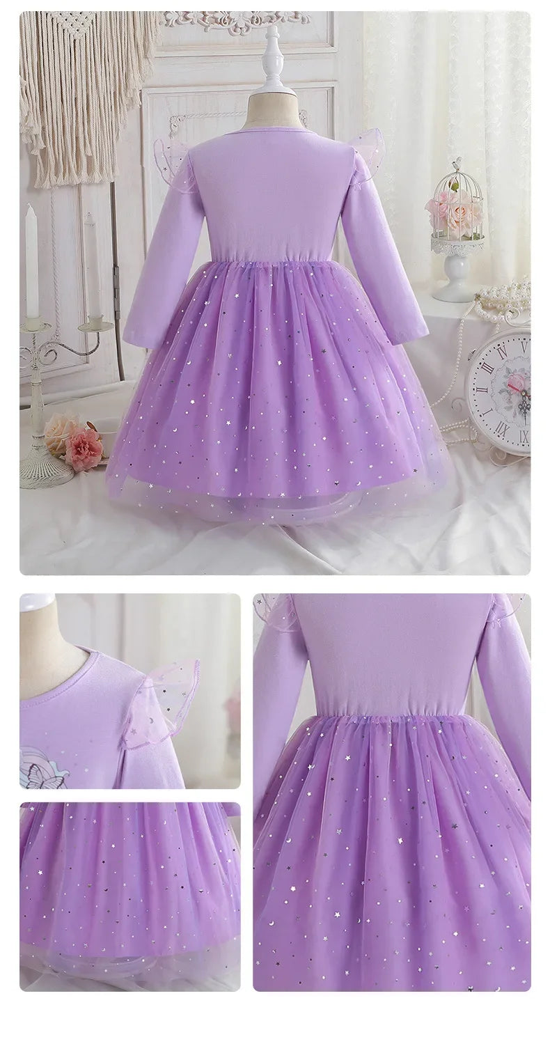 2024 Girls Long Sleeve Unicorn Birthday Dress Casual Children's Wear Rainbow Princess Skirt Sequins Mesh Gown