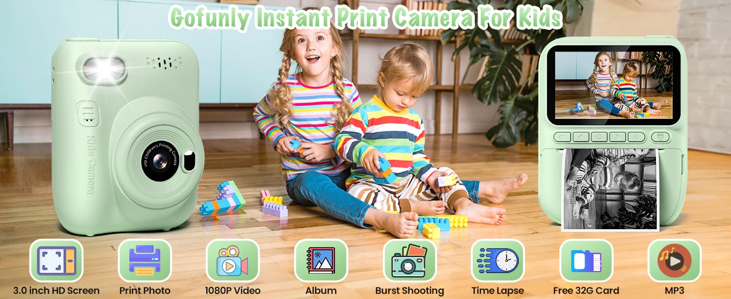 Gofunly Kids Instant Print Camera 3.0" Mini Digital Camera 1080P Portable Video Recorder Gift For 6-12 Years Children