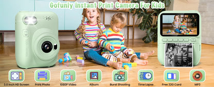 Gofunly Kids Instant Print Camera 3.0" Mini Digital Camera 1080P Portable Video Recorder Gift For 6-12 Years Children