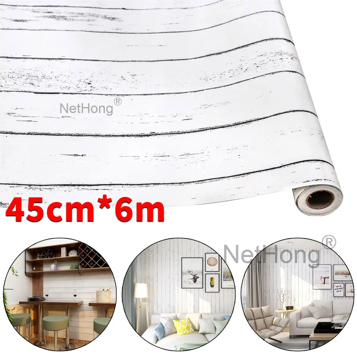 6M Vinyl Ivory white wood grain Wallpaper Stickers Self Adhesive Paper Waterproof