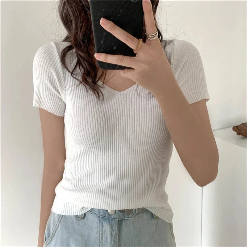 Basic V-neck Solid Thin Summer Pullover Women Female Knitted Ribbed Sweater Slim Short Sleeve Bodycon Sweater