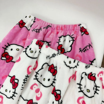 Halloween Cartoon Hello Kitty Flannel Pajamas Women's Autumn and Winter Plus Velvet Warm Casual Home Graffiti Pants