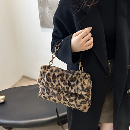 Korean Style Leopard Print Plush Crossbody Handbag for Women - Autumn Winter Fashion Bag