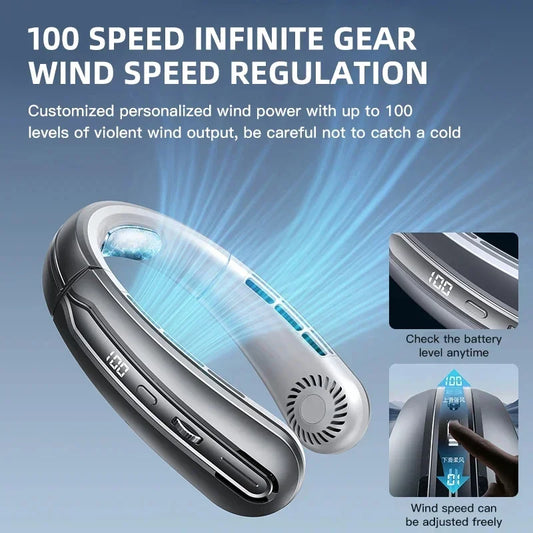 8000mAh USB Hanging Neck Fan Portable Bladeless Mini Rechargeable Mute LED Digital Display Electric Fans Air Cooler New 2025