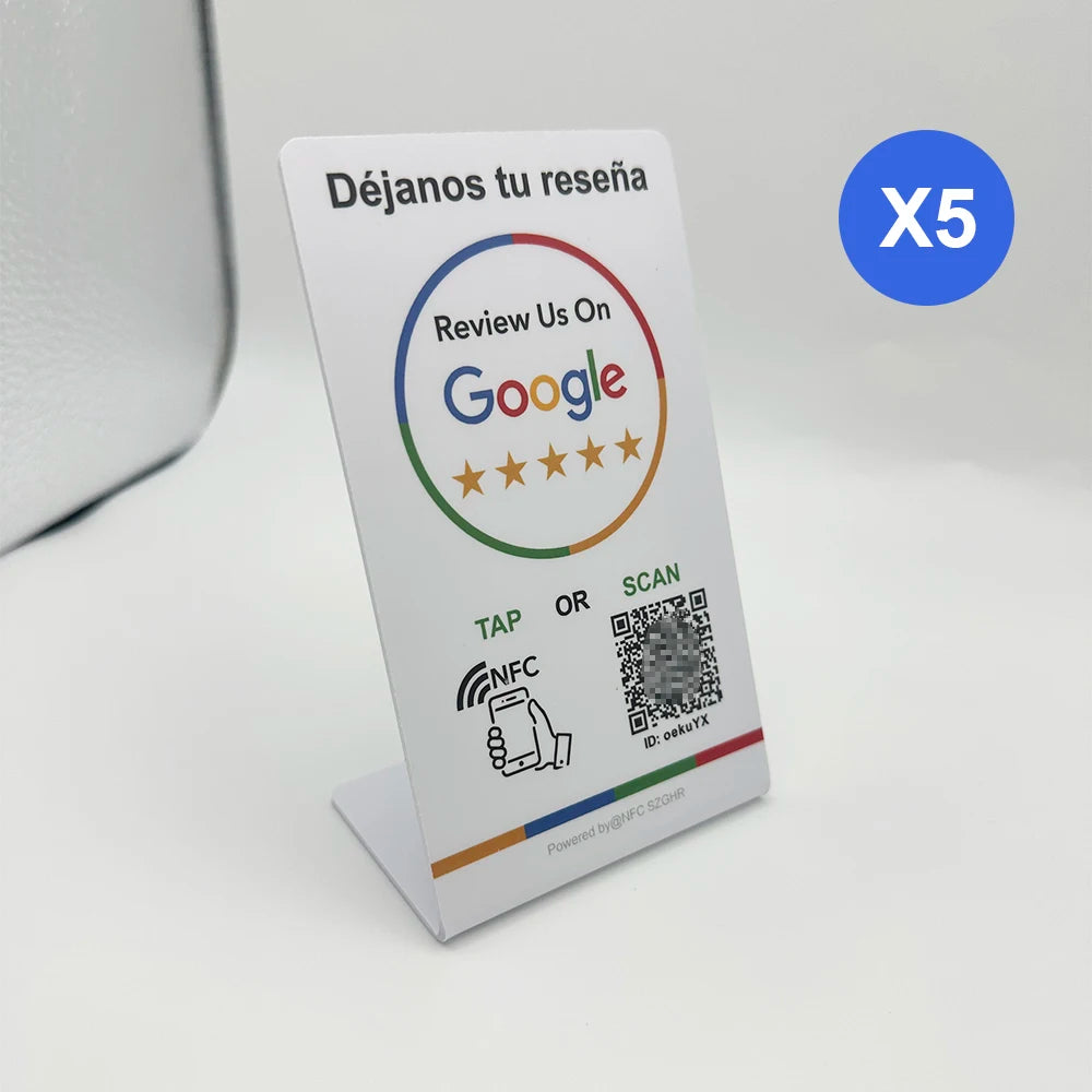 Spanish English QR code NFC Standing Sign Google review NFC215 Review Stand Click URL Unlimited Modification Editing QR Codes