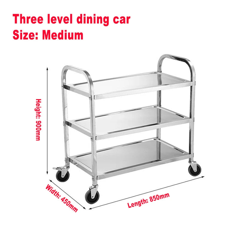 Stainless Steel Cart with Thickened Three Layers- Kitchen Utility Cart for Serving  Collecting Dishes Multi-functional Trolley