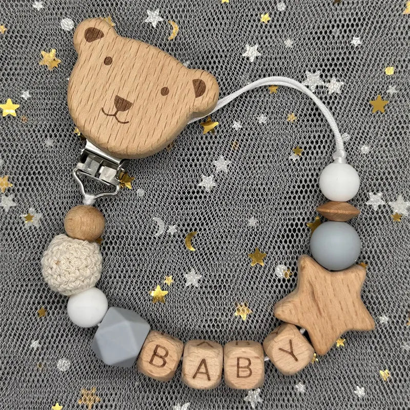 NEW Custom Name Wooden Personalized Baby Pacifier Chain Beech Bead Dummy Nipple Holder Guard Teether Pendant Newborn Mother Gift