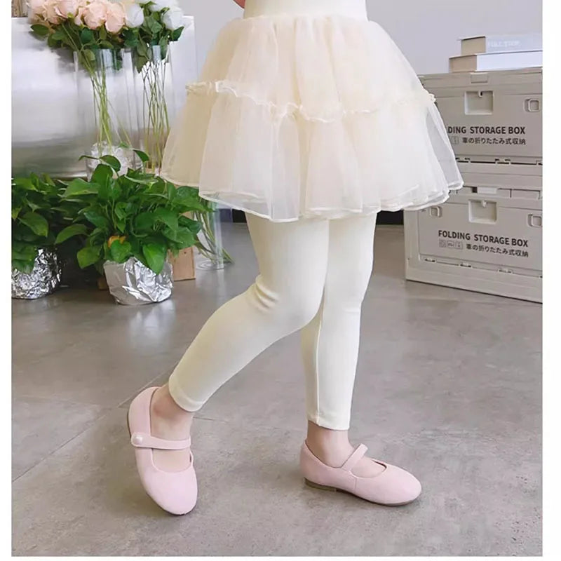 Kids Autumn Leggings Children Cute Thin Style Yarn Skirt Kids Solid Color Bow Skinny Pants