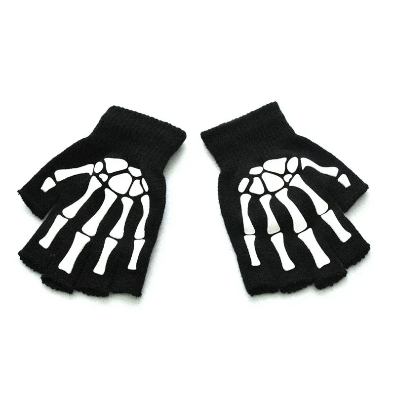 1pair New 5-11T Kids Halloween Skeleton Skull Half Finger Luminous Punk Gloves Winter Skull Fingerless Black Mitten