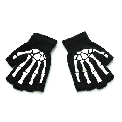 1pair New 5-11T Kids Halloween Skeleton Skull Half Finger Luminous Punk Gloves Winter Skull Fingerless Black Mitten