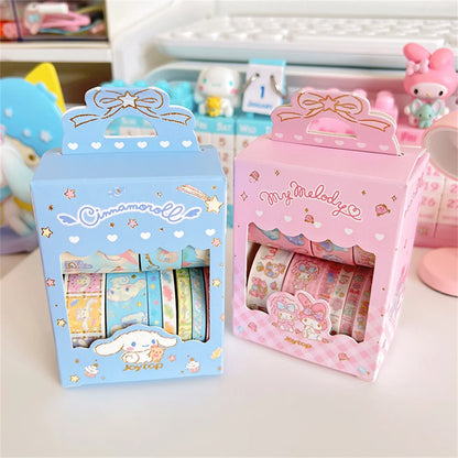 10Roll/Box Sanrio Kuromi Cinnamoroll Meloyd Tape Sticker Cute Cartoon Hello Kitty Handbook DIY Hot Stamping Stickers Kids Toys