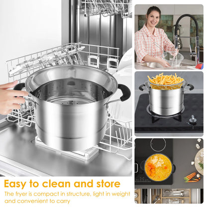 Deep Fryer Pot with Strainer Basket Stainless Steel Fryer Pot Multifunctional Deep Frying Pot for Cooking Chicken Wings Seafood
