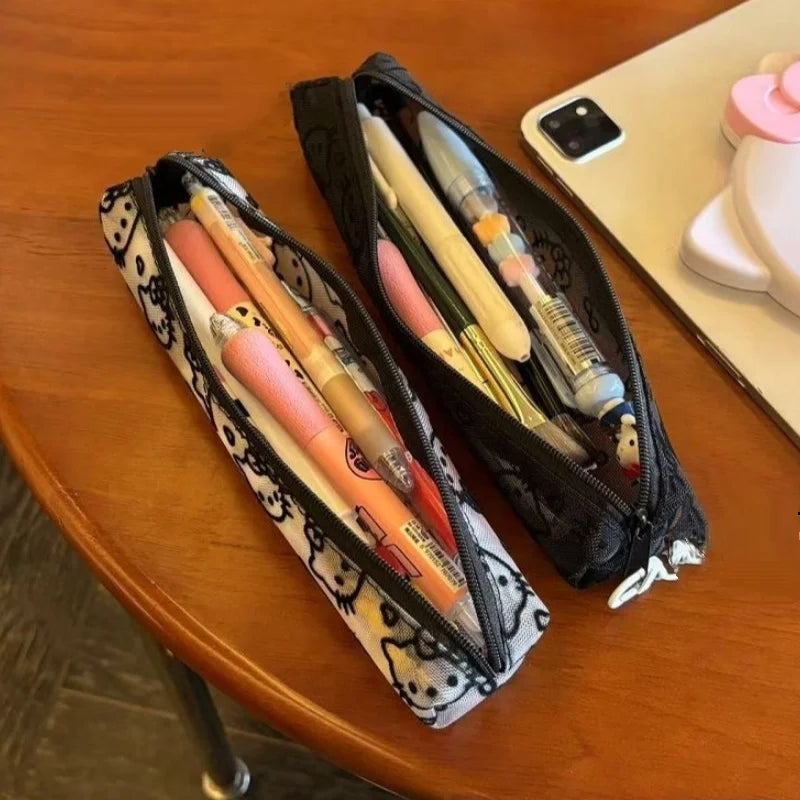 Sanrio Mesh Hello Kitty Black and White Pencil Case Zero Wallet Headphone Bag Girl's Portable Makeup Brush Storage Bag Gift