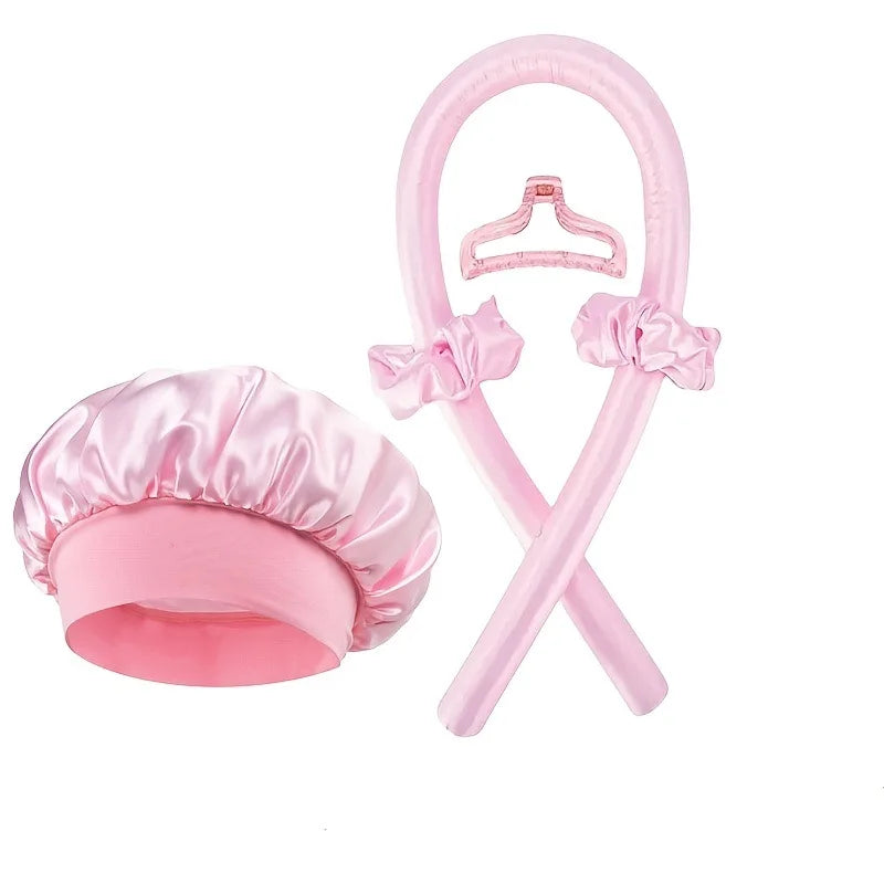 2pcs Heat Free Hair Curler Satin Silk Sleeping Cap Set Headwrap for Natural Curly Hair Long Hair Care Wave Sleeping Curling Tool