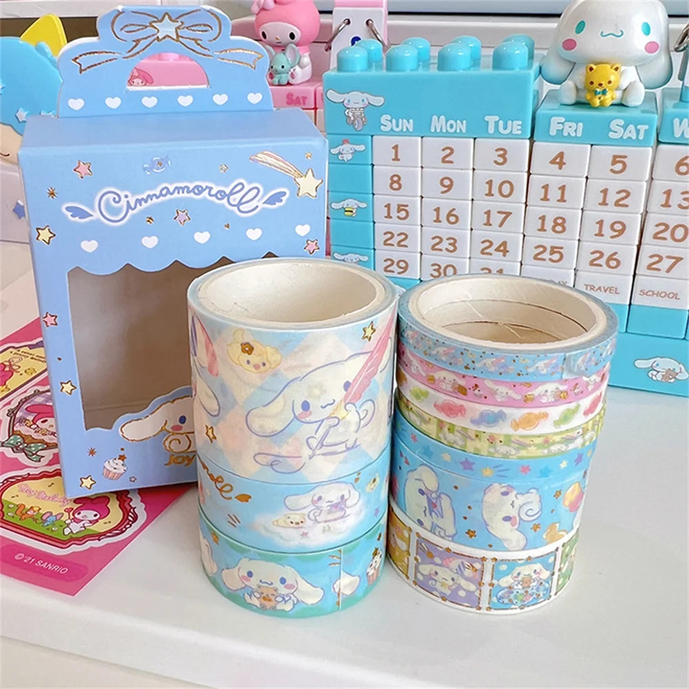 10Roll/Box Sanrio Kuromi Cinnamoroll Meloyd Tape Sticker Cute Cartoon Hello Kitty Handbook DIY Hot Stamping Stickers Kids Toys
