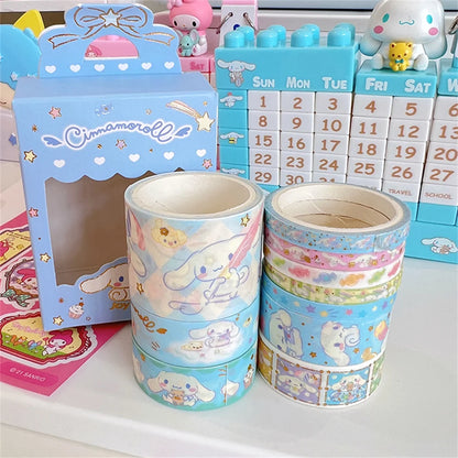 10Roll/Box Sanrio Kuromi Cinnamoroll Meloyd Tape Sticker Cute Cartoon Hello Kitty Handbook DIY Hot Stamping Stickers Kids Toys