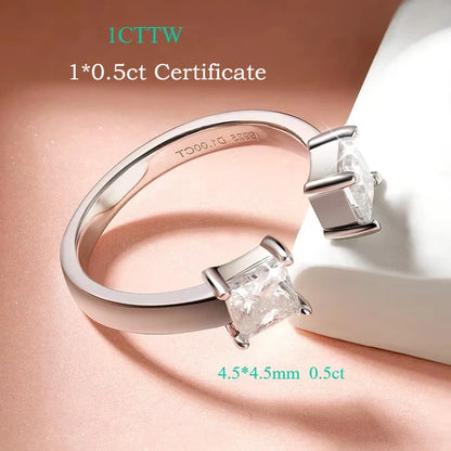 Smyoue 1CTTW 4.5mm Princess Cut Certified Moissanite Rings for Women Adjustable 100% 925 Sterling Silver Wedding Party Band Gift