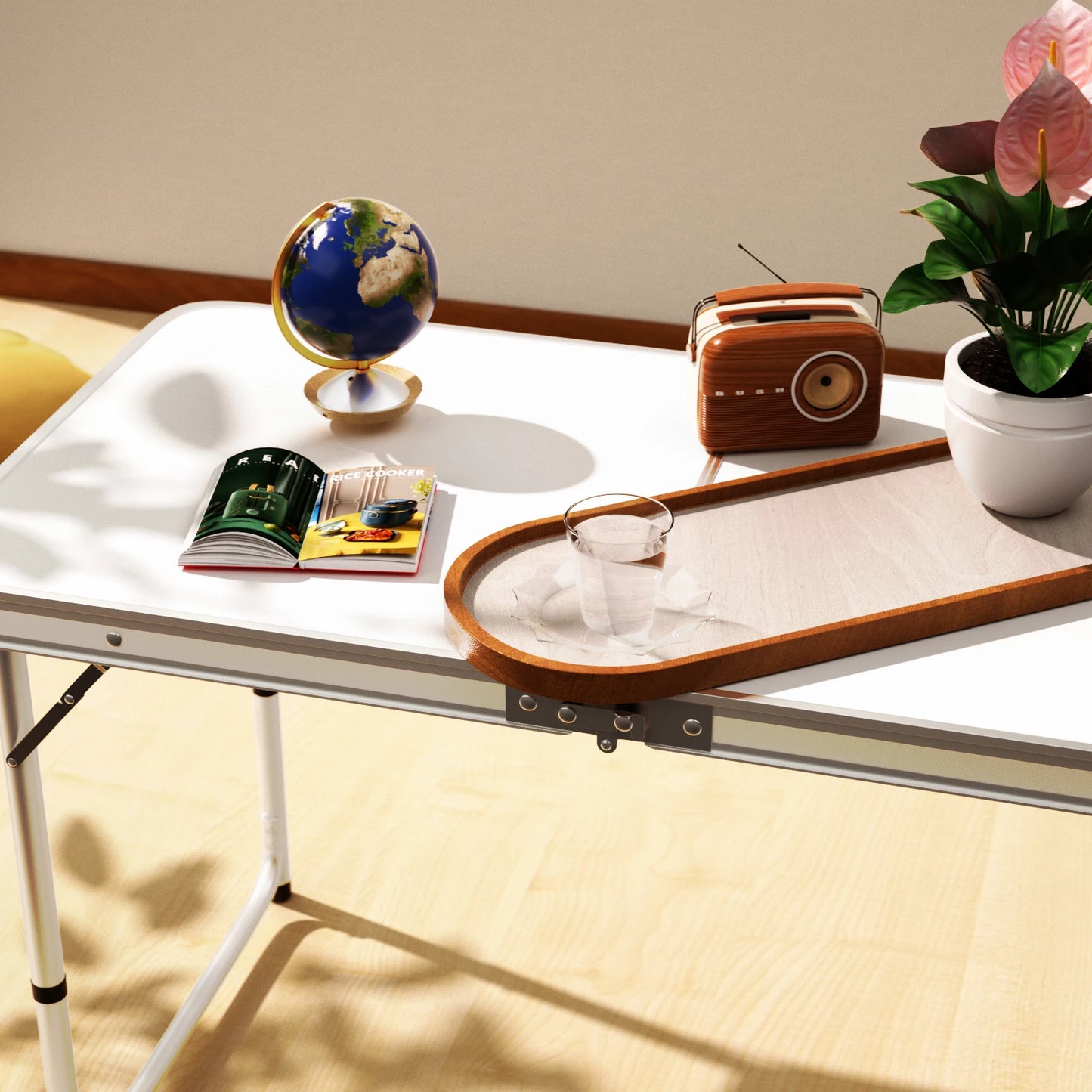 Features:  - Folding table with carry handle  - Moulded plastic top - includes handy carrying handle  - Sturdy aluminum alloy fr