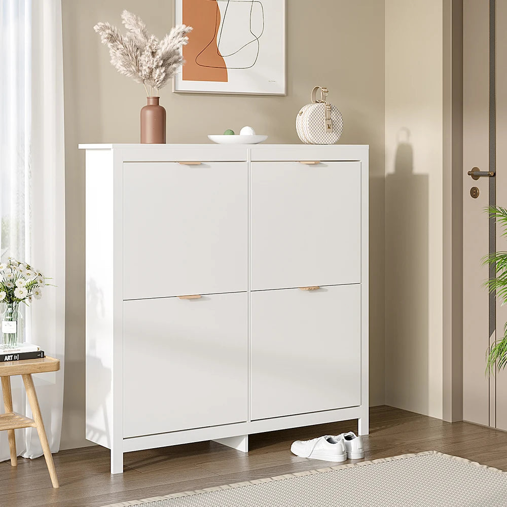 Livingandhome Flip Down Wood Shoe Cabinet in White for Hallway, Mudroom or Entryway