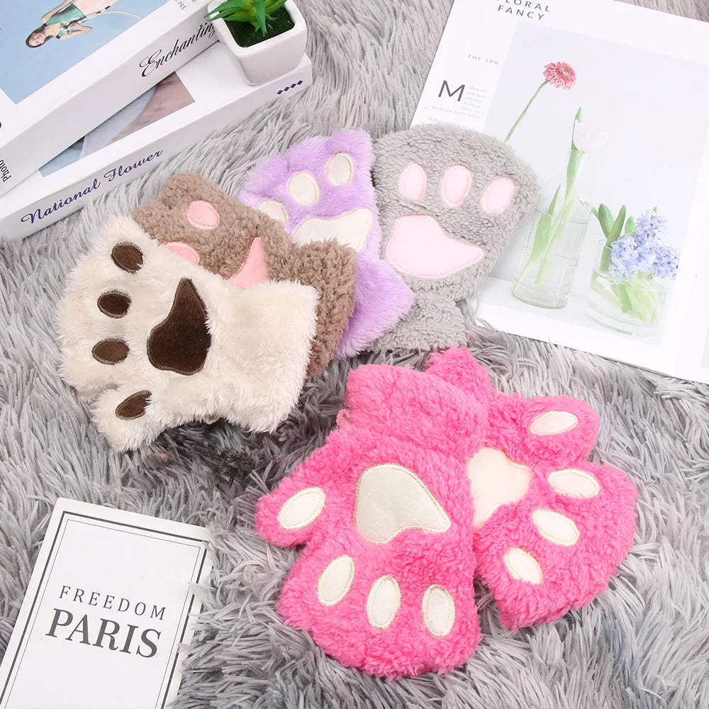 1Pair Winter Fluffy Cat Paw Children Gloves Cute Fingerless Warm Plush Mittens Fashion Warm Lovely Gloves for Girls 9 Colors
