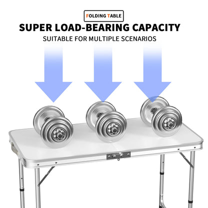 Features:  - Folding table with carry handle  - Moulded plastic top - includes handy carrying handle  - Sturdy aluminum alloy fr