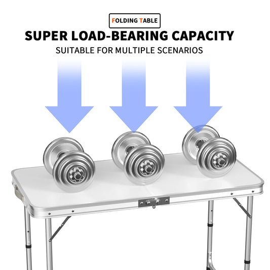 Features:  - Folding table with carry handle  - Moulded plastic top - includes handy carrying handle  - Sturdy aluminum alloy fr
