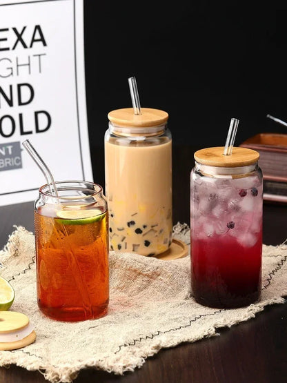 Glass Straw Cup with Dustproof Wooden Lid Heat-resisting Transparent Glass Bottle Breakfast Cola Milk Drinking Cups Holiday Gift