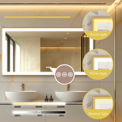 Gold Lighted Bathroom Mirror Rectangular Large LED Lighted Bathroom Mirror Gold Aluminum Frame with Front-lit Adjustable