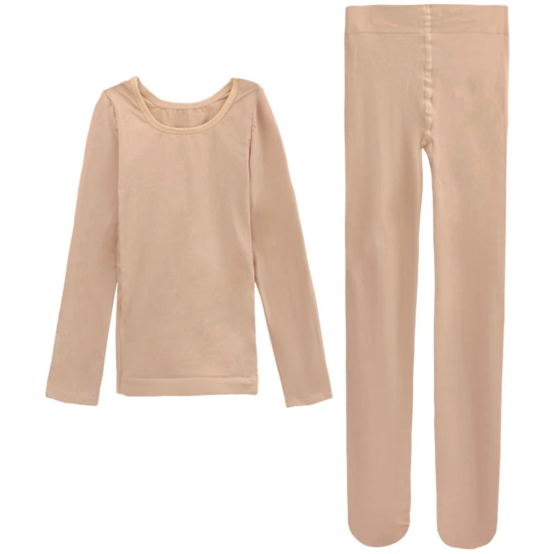 Girls Thermal Underwear Suits Nude Stretch Ballet Underwear Set Dance Tights Leotard for Winter