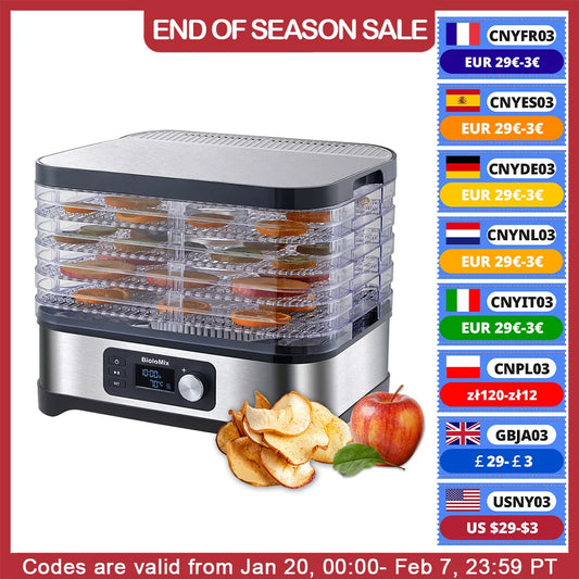 BioloMix BPA FREE 5 Trays Food Dryer Dehydrator with Digital Timer and Temperature Control for Fruit Vegetable Meat Beef Jerky