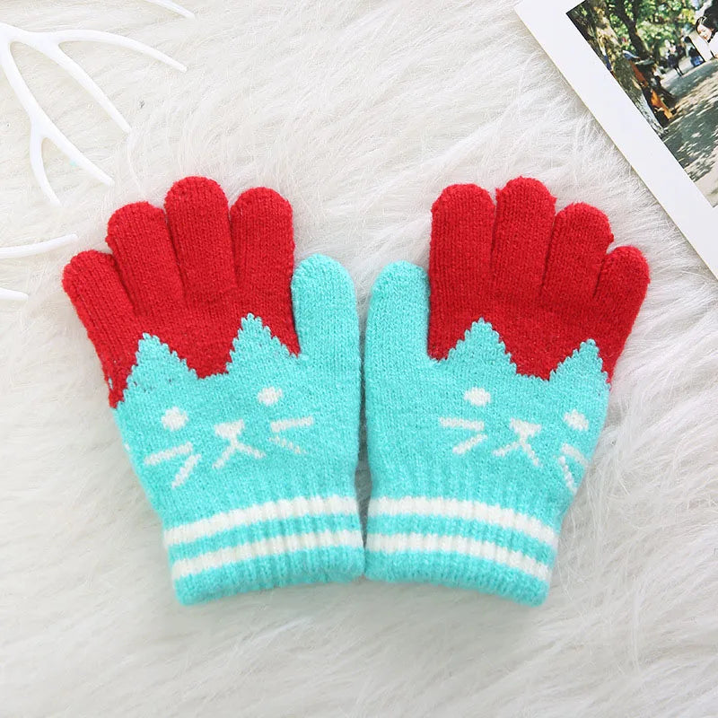 Cute Cartoon Kids Knitted Gloves Thick Fleece Children Five Finger Mittens 4-10Year Boys Girls Winter Hand Warmer Fashion Gloves