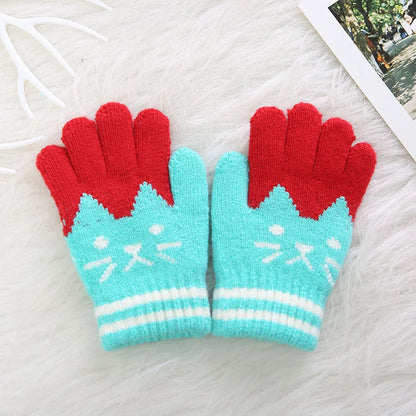 Cute Cartoon Kids Knitted Gloves Thick Fleece Children Five Finger Mittens 4-10Year Boys Girls Winter Hand Warmer Fashion Gloves