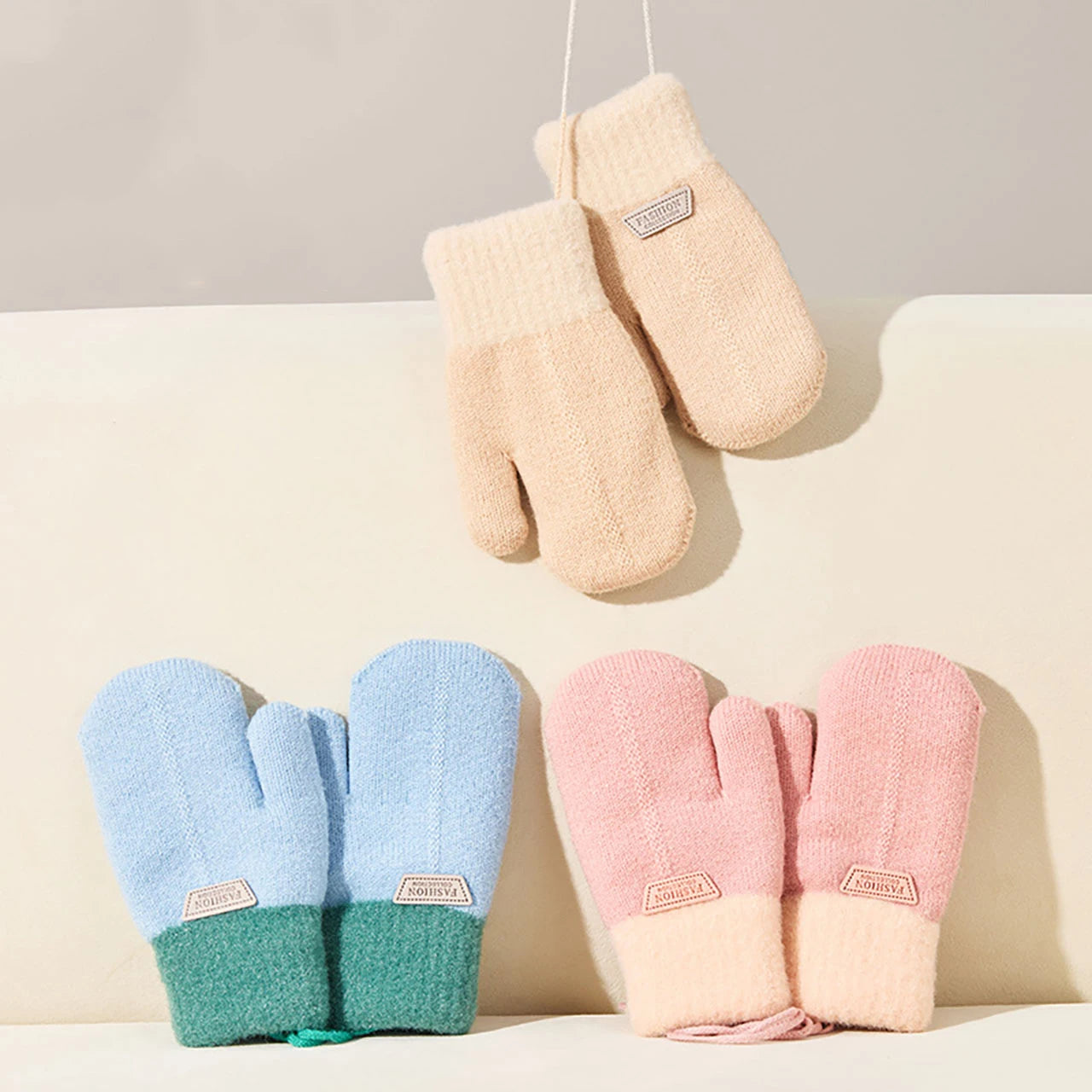 Anti Cold Warm Ski Gloves Kids Thicken Velvet Hanging Neck Mittens 1-4year Boy Girl Plush Hand Covers Children Woolen Knit Glove