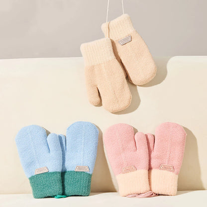 Anti Cold Warm Ski Gloves Kids Thicken Velvet Hanging Neck Mittens 1-4year Boy Girl Plush Hand Covers Children Woolen Knit Glove