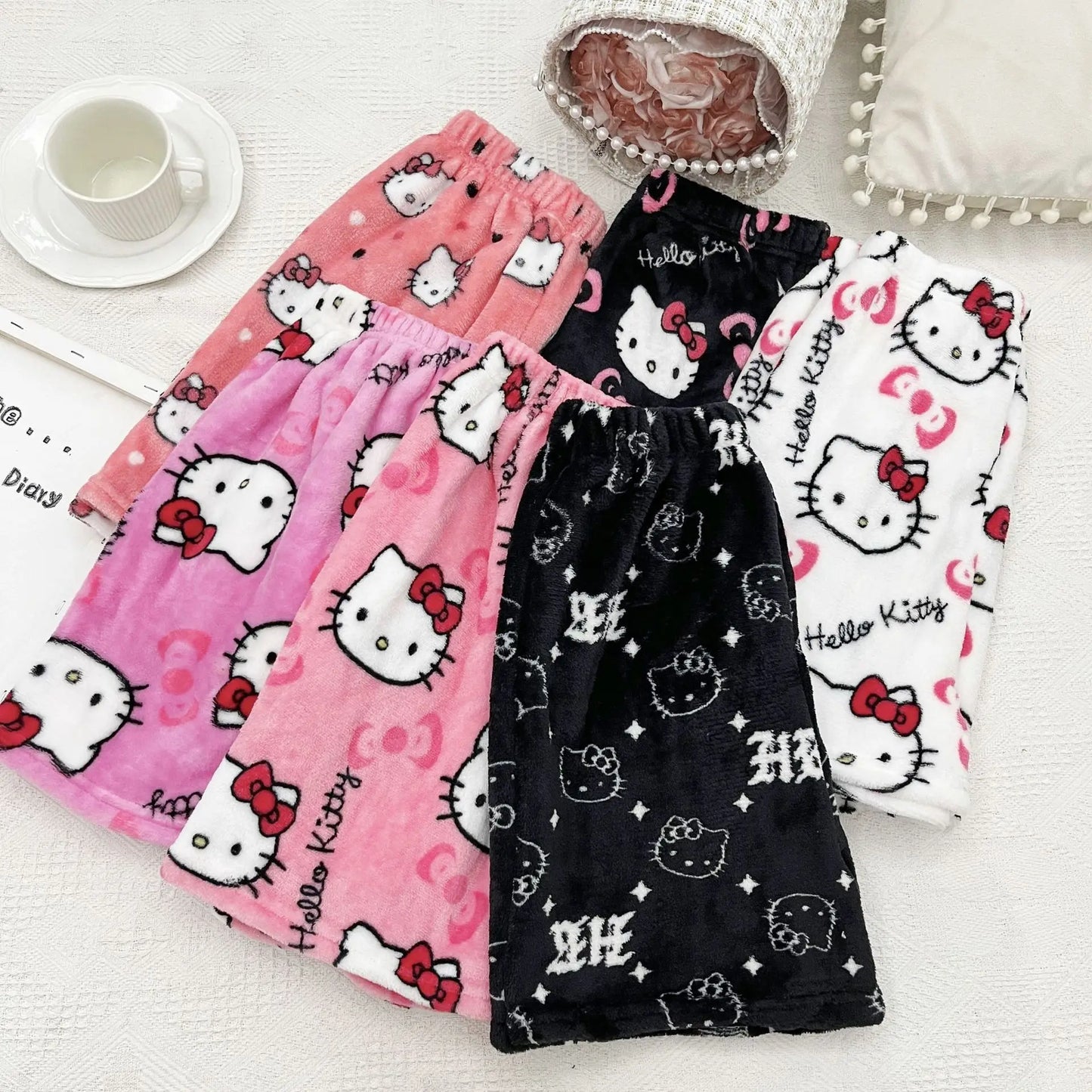 Halloween Cartoon Hello Kitty Flannel Pajamas Women's Autumn and Winter Plus Velvet Warm Casual Home Graffiti Pants