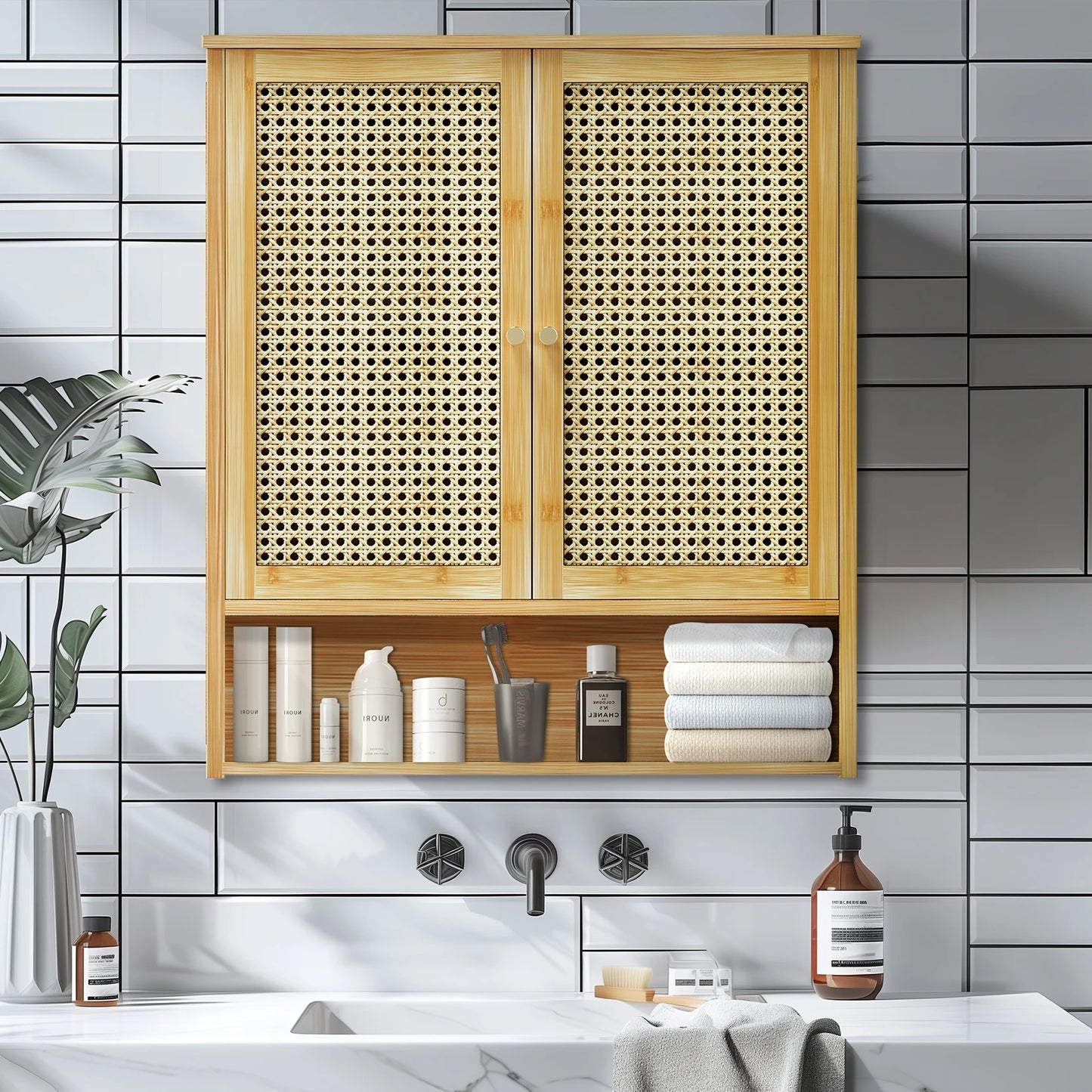 Bamboo Bathroom Wall Cabinet, Over the Toilet, Kitchen Storage, Solid Wood, 3 Shelves, 2 Doors