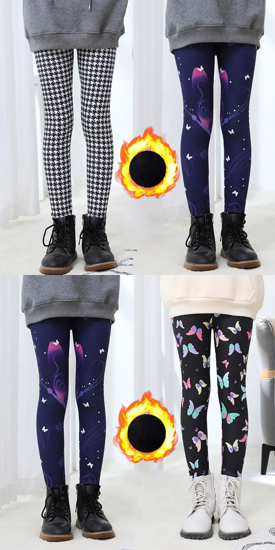 Girls Winter Leggings - Warm Plush Thickened Butterfly Print Pants for Kids