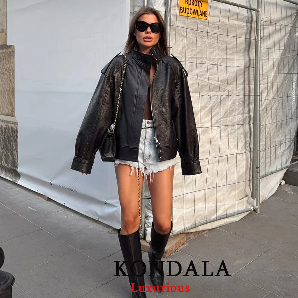 KONDALA Casual Chic Black Leather Jackets Women Long Sleeve Buttons Elastic Oversized Coats Fashion 2026 Spring Streetwear Coats