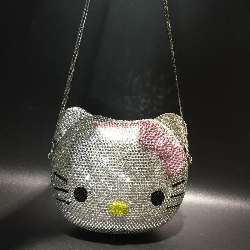 Hello Kitty Anime Cartoon Shape Rhinestone Cartoon Full Of Diamonds Dinner Bag Handmade Diamond-set Lady's Clutch Christmas Gift