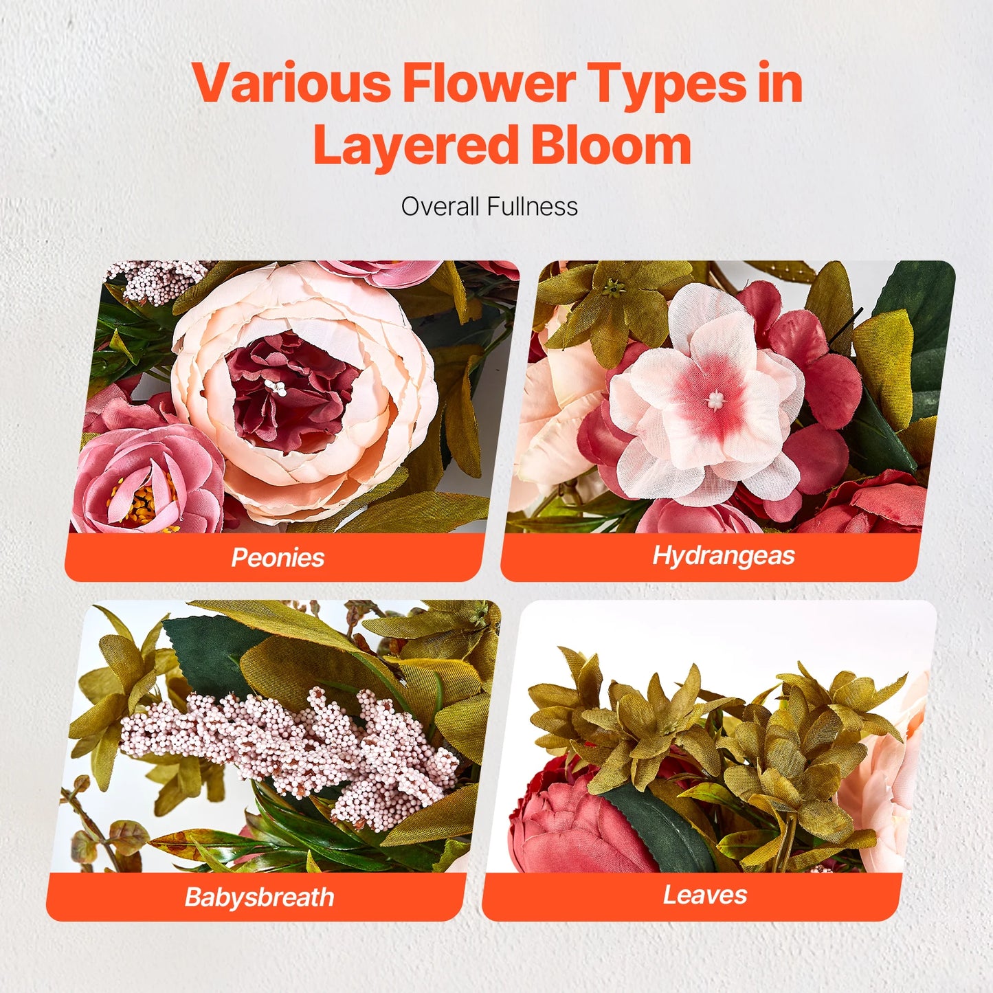 VEVOR Artificial Decorative Wreath Decorated with Peonies Hydrangeas Babysbreath Year Round Wreath for Wall Wedding Decorations