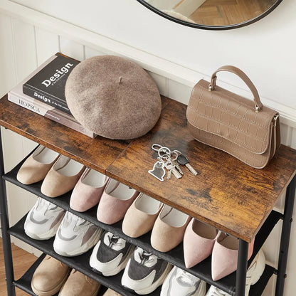 VASAGLE Shoe Rack 4 Tier, Narrow Shoe Storage Organiser, with 3 Fabric Shelves and Top for Bags, Steel Frame