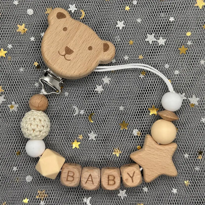 NEW Custom Name Wooden Personalized Baby Pacifier Chain Beech Bead Dummy Nipple Holder Guard Teether Pendant Newborn Mother Gift