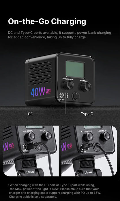 Ulanzi 40W Video Light COB Continuous Lighting Bowens Mount for Studio Video Tiktok Youtube Professional Led light photography