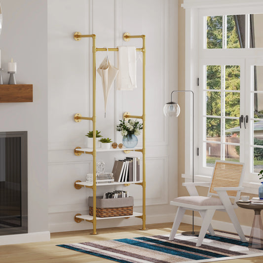 Industrieller Rohr-Kleiderständer, Holz-Kleiderständer, Pipeline-Vintage-Rack an der Wand, Gold