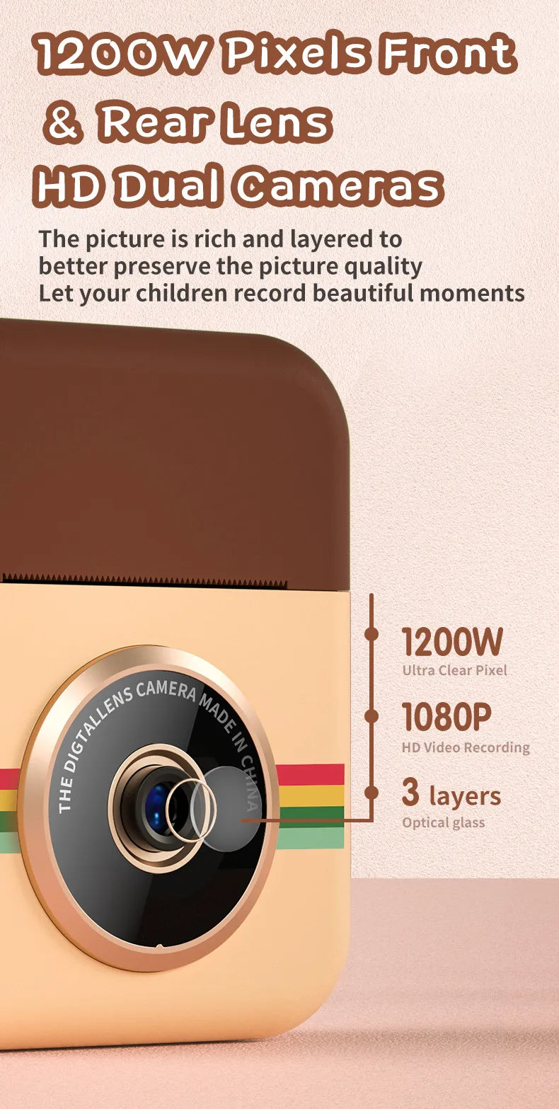 Children Camera Instant Print CP08 Dual Lens Kids Photo Printing Camera HD Video Recording with Thermal Paper Educational Toys