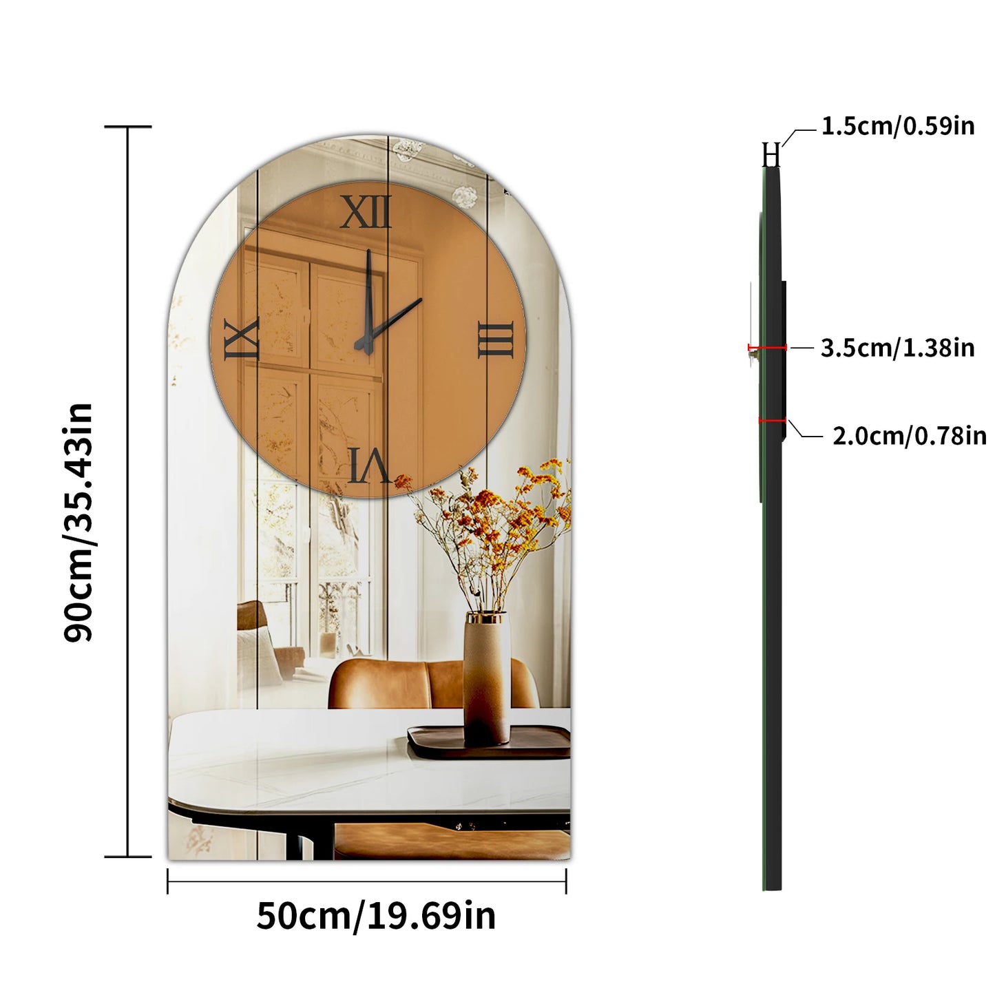 Modern Arched Mirrored Wall Clock Silver Glass Roman Numerals Decorative Clock for Living Room Bedroom
