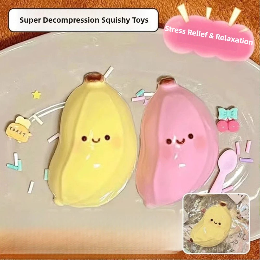 Taba Squishy Banana Squeeze Toy - Cute Stress Relief Fidget Sensory Toys for Kids Adults Soft Fake Food Prank Gift for Birthday
