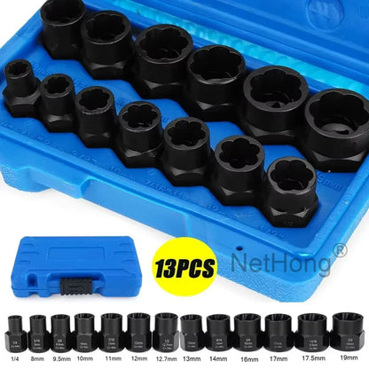 13Pc Locking Wheel Nut Remover Set Stud Bolt Impact Twist Socket Extractor Tool~